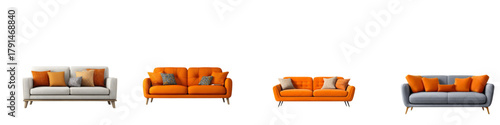 Stylish sofa collection brings modern comfort, perfect for interior design projects and showcasing furniture trends with vibrant orange and gray color palettes