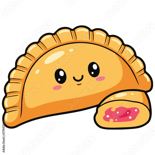 A delightful cartoon illustration of a golden-brown empanada with a friendly face, showcasing a visible pink fruit filling, perfect for food-themed designs. This charming food illustration is ideal fo