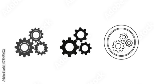 Minimalist illustration of three sets of gear silhouettes, representing efficiency and teamwork, flat vector design.