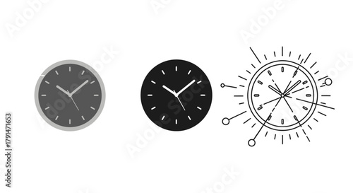 Minimalist illustration of three sets of clock silhouettes, representing time management, flat vector design.