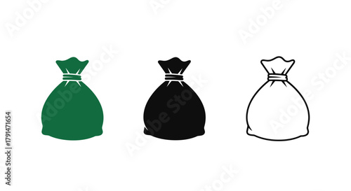 Minimalist illustration of three sets of money bag silhouettes, symbolizing financial success, flat vector design.
