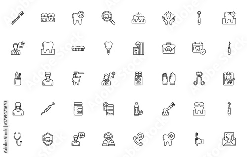 Dental icon set. Healthcare vector symbols. Featurin toothbrush, braces, dentit, teeth, hospital, equipmnt, medicine, protection ad more. Editable stroke.