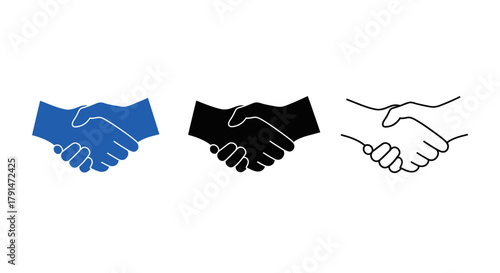 Minimalist illustration of three sets of handshake silhouettes,  symbolizing trust and business agreement, flat vector design.