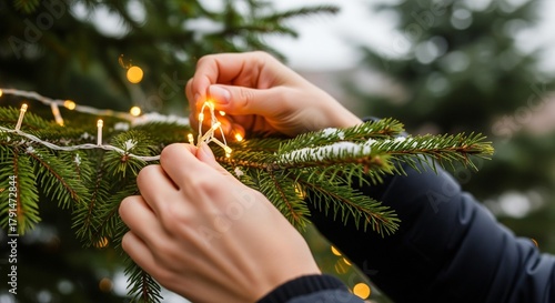 Decorating a snowy evergreen branch with warm glowing string lights