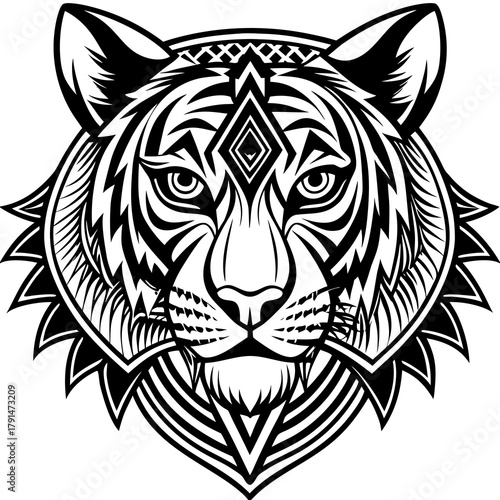 Powerful black and white vector illustration of a tiger head with intricate tribal patterns, geometric lines, and a central esoteric diamond symbol.