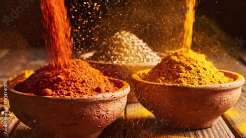 Spices being poured into earthen bowls on a rustic wooden surface