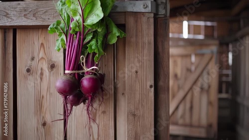 Freshly Harvested Beets Hanging on Rustic Wooden Door in a Farm Setting Display