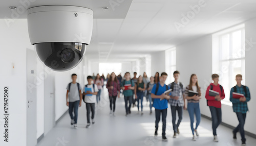 A dome security camera mounted on a ceiling monitoring a busy school hallway where diverse children and teens are walking. Generative AI.