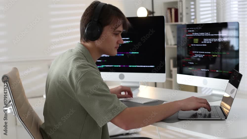 custom made wallpaper toronto digitalProgrammer in headphones working on computer and laptop at white table in office