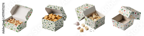 Fresh, Crunchy Croutons Poured from a Decorated Box, Perfect for Salad Toppings or Soup Garnishes, Adds Flavor and Texture, Culinary Delight, Foodie Presentation