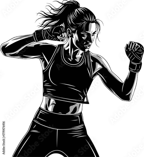 Dynamic female boxer striking pose black and white vector illustration. EPS version.