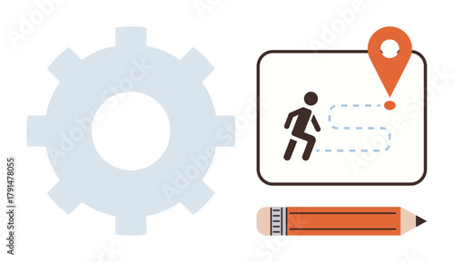 Gear, map with runner and route to location pin, pencil. Ideal for strategy, planning, direction, goals, workflow efficiency problem-solving. Simple flat metaphor