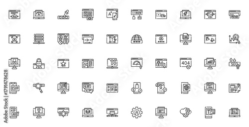 Web design icon set. Vector UI UX icons pack. Includs symbols for responsive dsign, SEO, dashboard, ecomerce, user experience, HTM, CSS and more. Editable sroke.