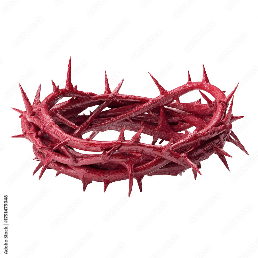 Obraz premium A symbolic crown of interwoven red thorns with sharp spikes isolated on a white background