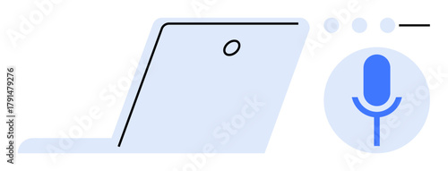 Open laptop next to blue microphone, symbolizing voice control, speech recognition, and virtual assistance. Ideal for technology, communication, innovation, remote work, AI accessibility digital