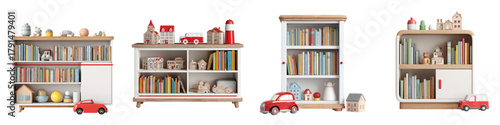 Charming collection of children's bookshelves showcasing delightful toys and colorful books, perfect for illustrating playful learning and creative kids' spaces