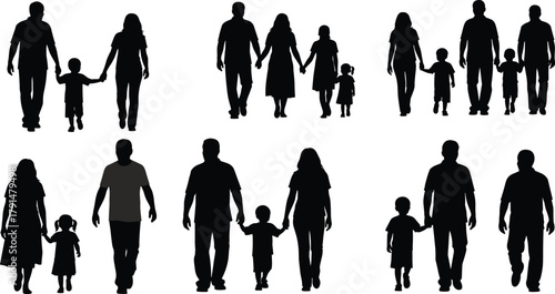 Family silhouettes, walking together, diverse family groups, parents and children, holding hands, black vector art, unity, love, parenting, relationships