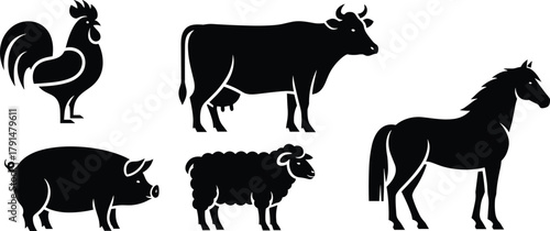 Farm animal silhouettes, livestock vector set, black animal shapes, rural agriculture design, domestic animals illustration, pig cow horse sheep rooster