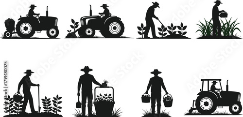 Farmer, agriculture, tractor, harvest, silhouette, field, crops, hoe, watering, basket, rural, farming, plow, produce, soil, planting, machinery, labor, lifestyle, cultivation