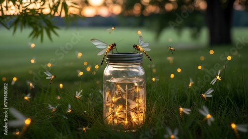 Fototapeta Naklejka Na Ścianę i Meble -  Enchanted firefly jar: magical summer night glow in grass