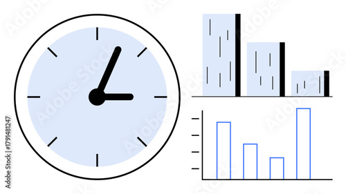 Large clock beside bar charts highlights time tracking, productivity, and data insights. Ideal for time management, planning, analysis, scheduling, efficiency, work-life balance simple flat metaphor