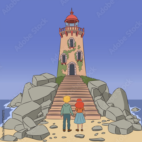 Old lighthouse with staircase in coastal landscape