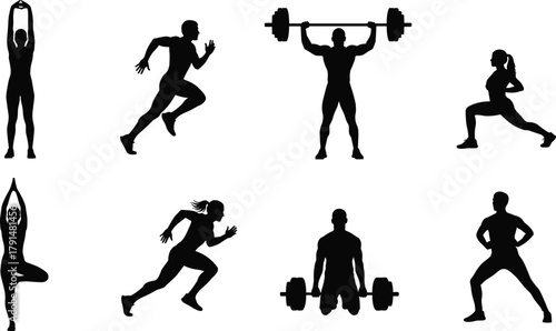 Fitness silhouette vector, yoga poses, workout icons, gym training, running, stretching, weightlifting, healthy lifestyle, exercise illustration, black figures
