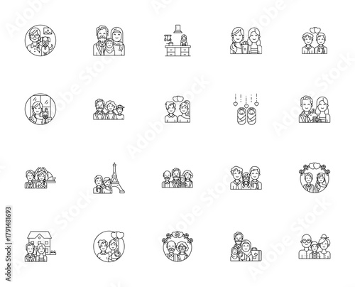 Family icon set. Minimalist vector illustrations. Feturing girl, couple, twins kitchen, sister and more amily-related symbols. Ediable stroke.