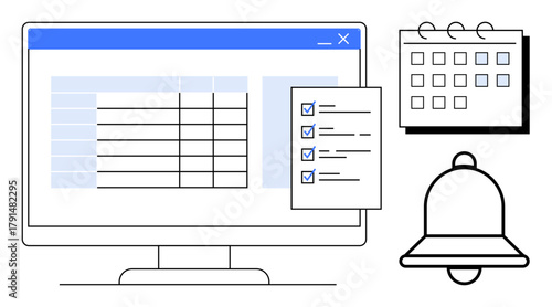 Computer screen showing a table, checklist with tick marks, calendar, and notification bell. Ideal for productivity, planning, organization, task tracking, reminders time management and scheduling