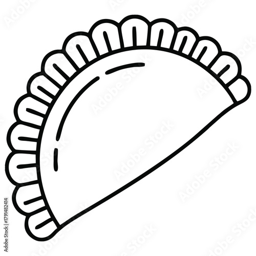 Line art illustration of a delicious empanada, a savory turnover common in Latin American and Spanish cuisine. This outline icon is perfect for restaurant menus, food blogs, and cultural event 