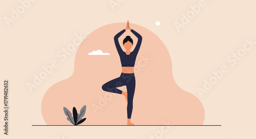 Mindful woman practicing yoga tree pose for balance and wellness, a serene illustration depicting health and fitness lifestyle through movement