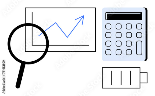 Magnifying glass examining a growing graph, calculator for calculations, and a battery representing energy. Ideal for data analysis, statistics, business growth, finance, productivity, technology