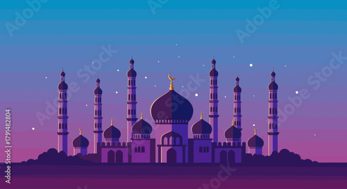 A majestic Islamic mosque silhouette with domes and minarets under a beautiful starry twilight sky, a vector art piece for religious celebration