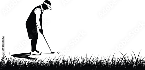 Golf, player, silhouette, vector, sport, concentration, swing, club, ball, grass, black, white, posture, outdoor, athlete, stance, precision, glove, illustration, design