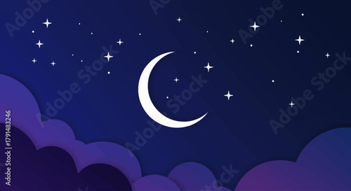 Mystical Crescent Moon and Stars in a Starry Night Sky with Wispy Clouds, Creating a Dreamy Atmosphere