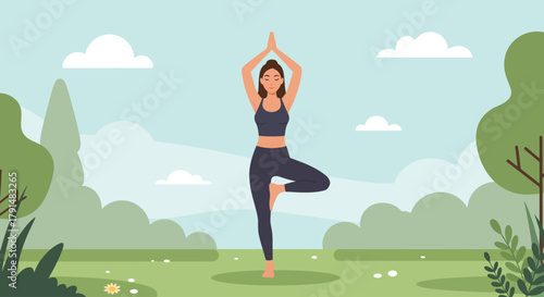 Serene illustration of a woman finding balance and peace in nature, practicing yoga in a tranquil park setting, promoting health, mindfulness, and outdoor wellness activities