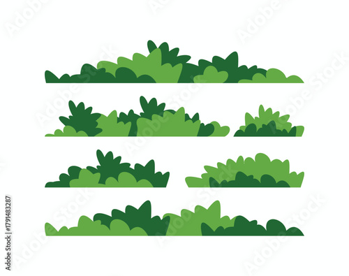 Set of bright and dark green bush vector elements in layered flat cartoon style. Ground assets for 2D game levels and nature scenes