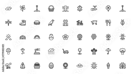 Spring icon set. Vector illustration pack. Includes unny, rainy, picnic, gardeing, flowers, butterfly, be, rainbow, easter egg andmore. Editable stroke.