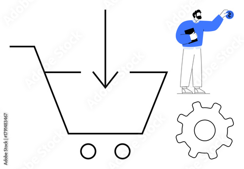 Outline of shopping cart with down arrow, person with settings disk and notepad, large gear icon. Ideal for online shopping, e-commerce, management, customization, automation, marketing workflow