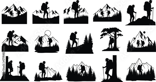 Hiking silhouettes, mountain trekking, forest adventure, outdoor exploration, backpackers in nature, black and white illustration, wilderness travel, scenic landscape art
