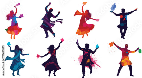 Holi celebration, colorful dance, Indian festival, vibrant silhouettes, powder splash, joyful people, cultural event, traditional attire, festive mood, spring celebration