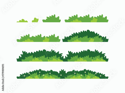 Versatile green bush vector pack for game design and landscape borders. Various sizes and styles, including flower and grass assets, in a flat cartoon style