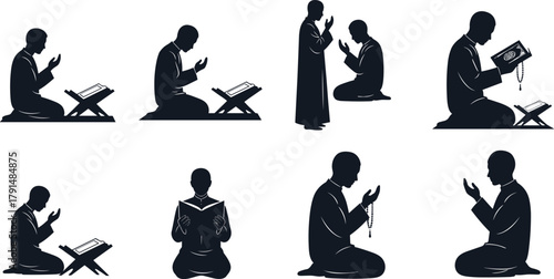 Islamic, prayer, worship, silhouette, Quran, supplication, beads, devotion, Muslim, faith, religion, spirituality, reading, dua, tasbih, peace, meditation, holy, belief, culture