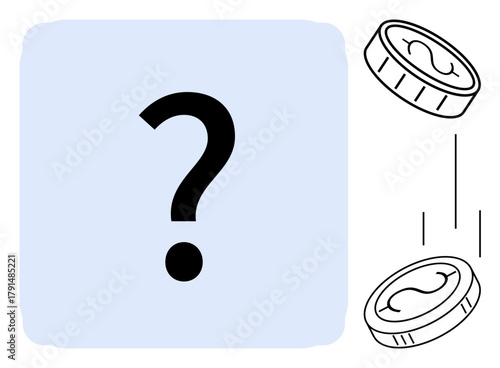 Large question mark paired with two falling coins representing uncertainty in monetary decisions. Ideal for topics thumbs up finance, business, risk, ambiguity, investment, savings, decision-making