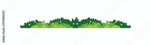 Seamless cartoon green bush vector divider with white flowers. Decorative element for nature borders, game assets, and horizontal designs