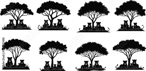 Lion family silhouettes, acacia tree landscape, African wildlife scene, safari animals resting, nature illustration, black and white vector art