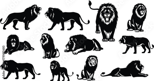 Foto Lion silhouettes, black and white illustration, male lions, roaring pose, sittin