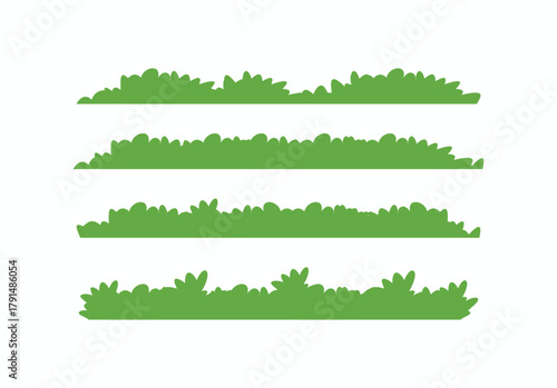 Set of four green grass and bush vector silhouettes for landscape borders and level design. Simple nature elements for games and web