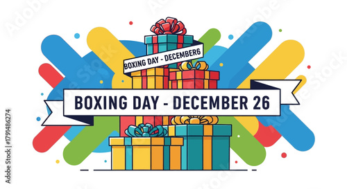 Boxing Day Celebration with Colorful Gifts and Festive Design.