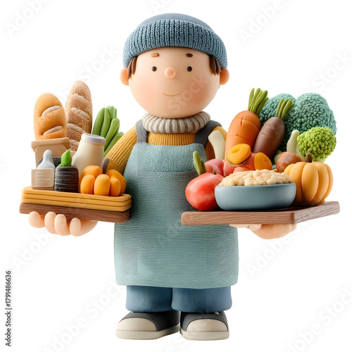 Cute clay character offers a bountiful selection of fresh produce bread and groceries on trays